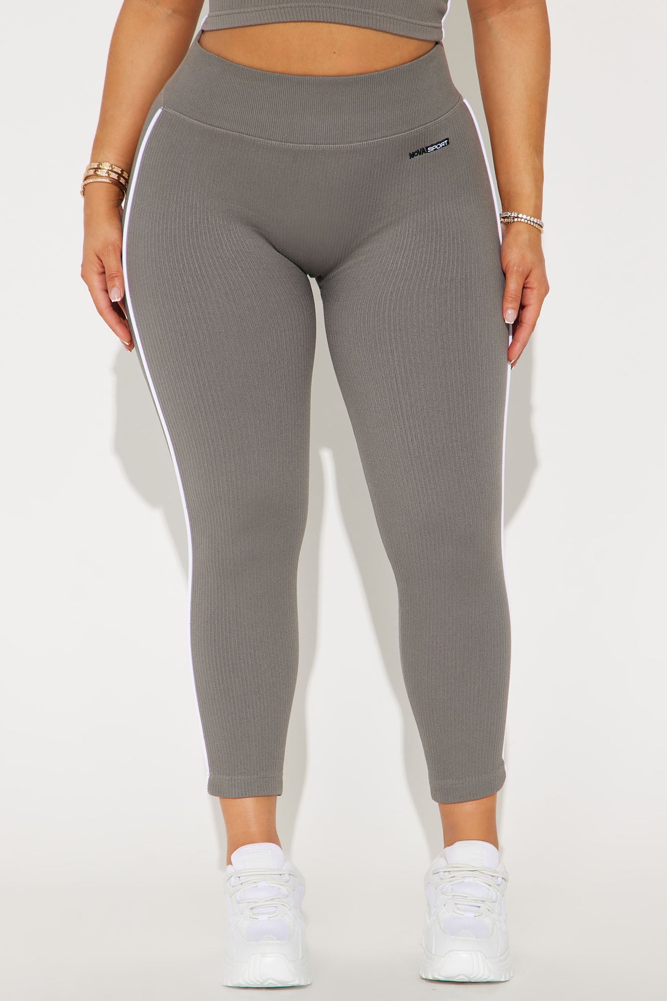 Fashion Nova seamless capri leggings for women in gray with stylish side stripes