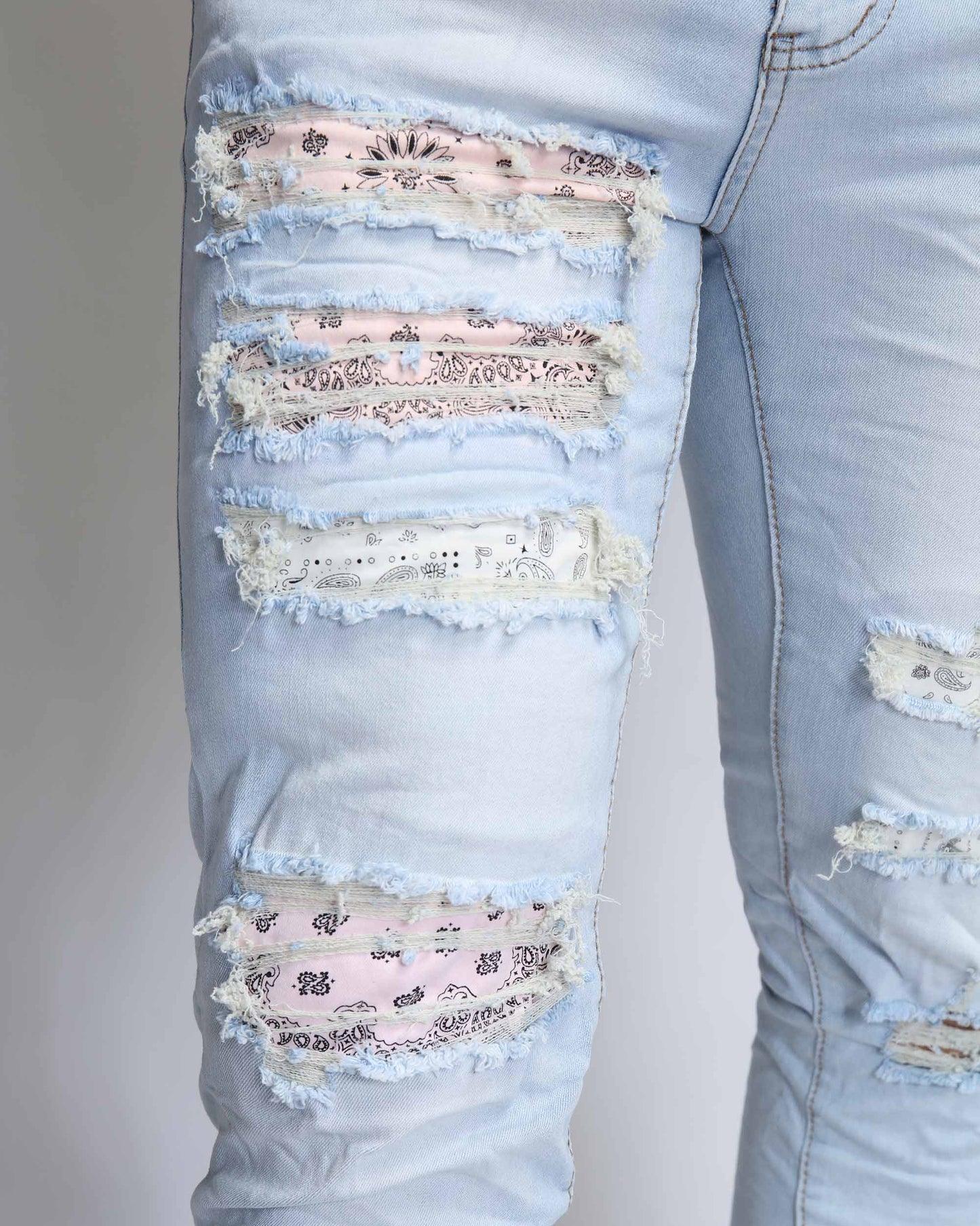 Logeqi Pink Cashew Blossom Jeans with Distressed Rips and Floral Fabric Inserts