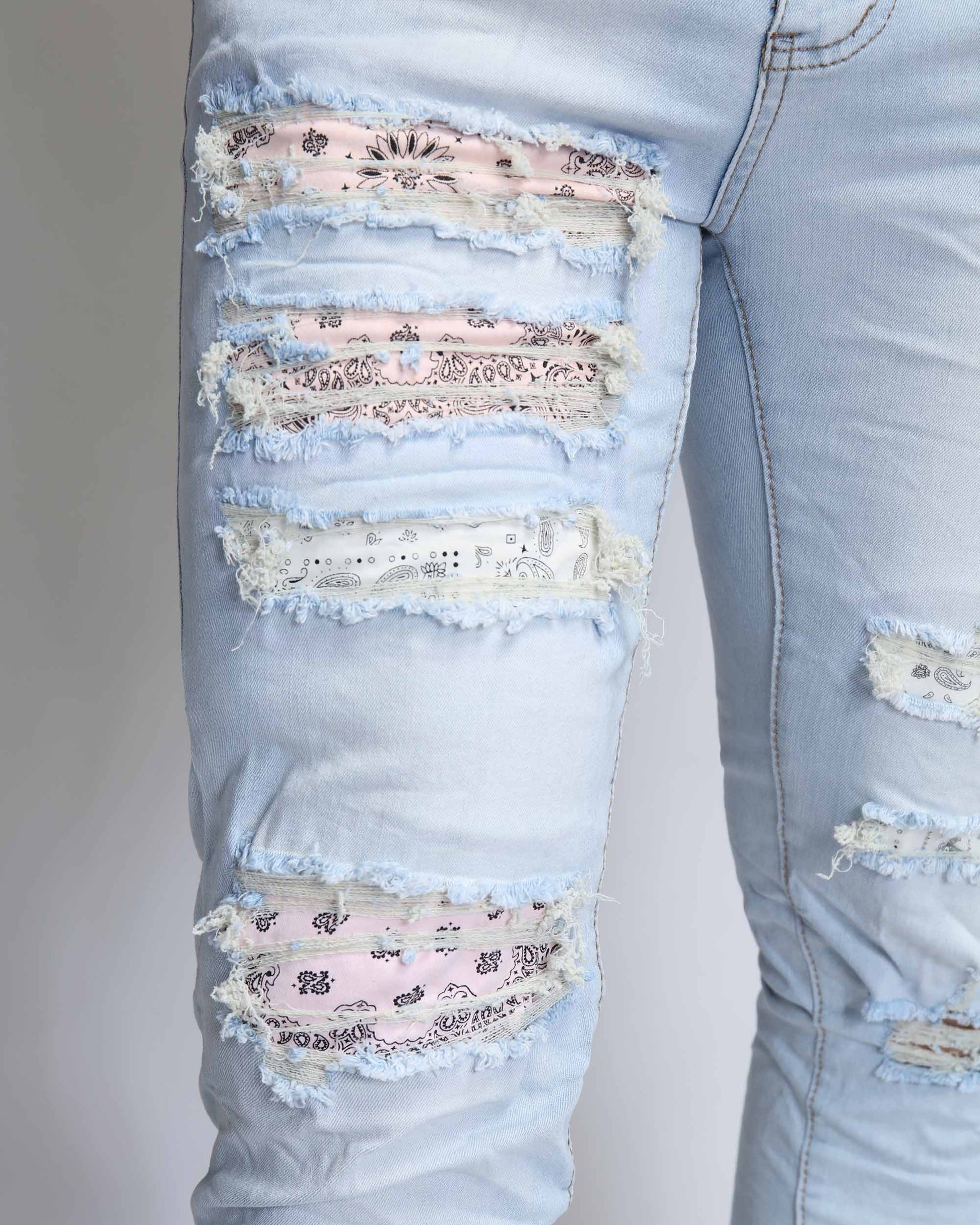 Logeqi Pink Cashew Blossom Jeans with Distressed Rips and Floral Fabric Inserts