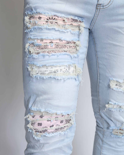 Logeqi Pink Cashew Blossom Jeans with Distressed Rips and Floral Fabric Inserts