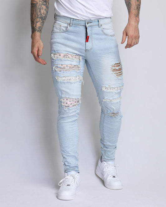 Logeqi pink cashew blossom jeans with distressed detailing and a skinny fit for a trendy look