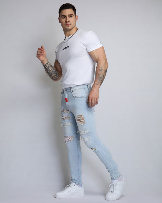 Logeqi pink cashew blossom jeans with distressed details and a slim fit for casual styles