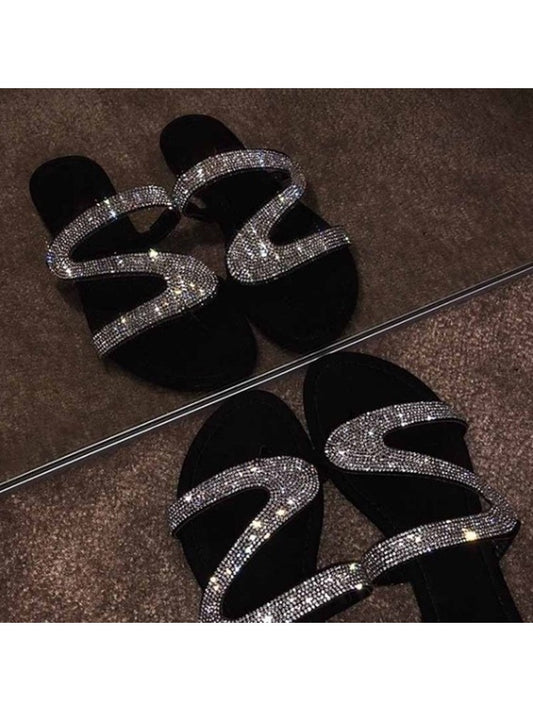 Wholesale7 pure color sequin slides with black base and sparkling crystal straps slippers