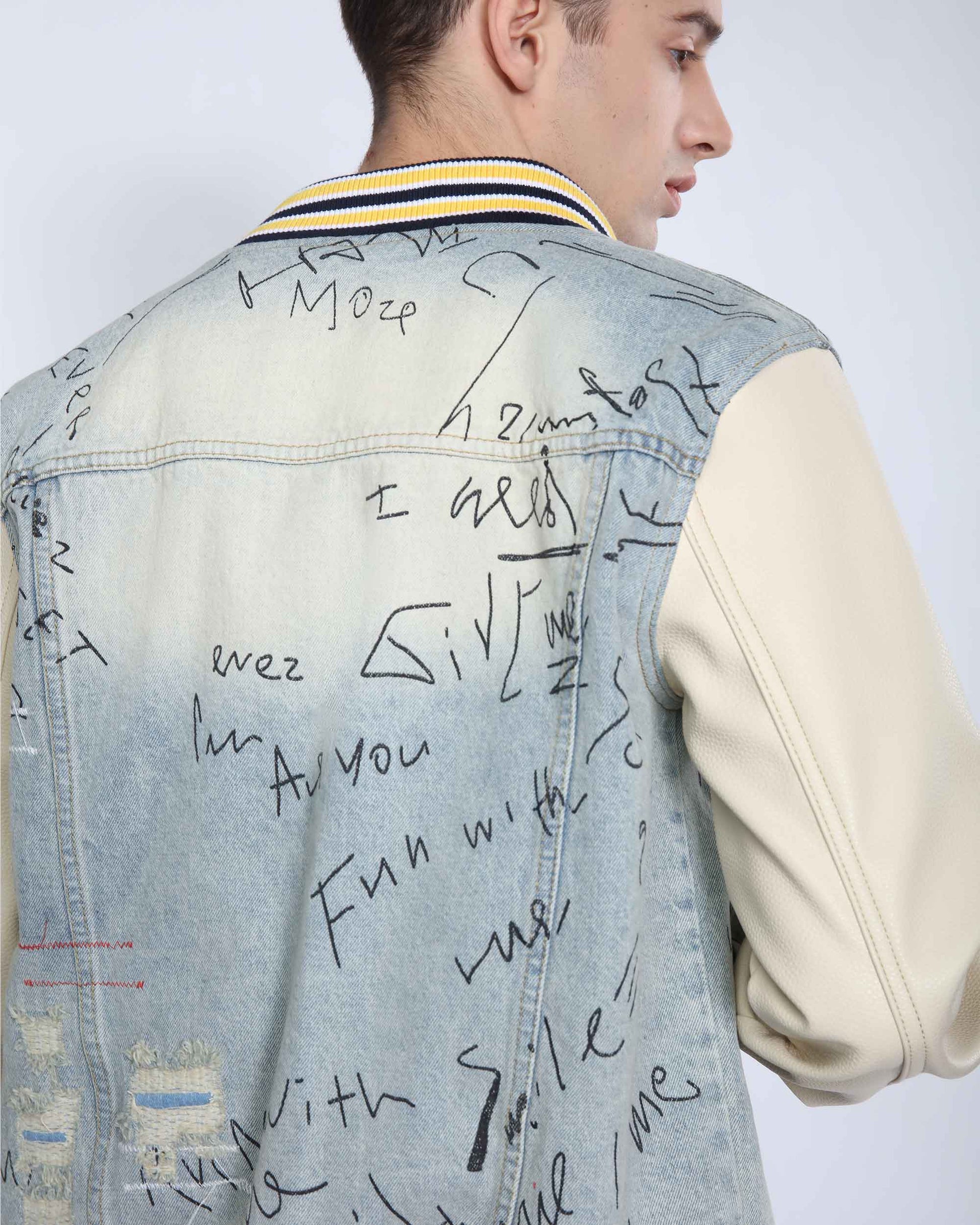 Logeqi retro baseball denim jacket with unique graffiti design and contrasting sleeves