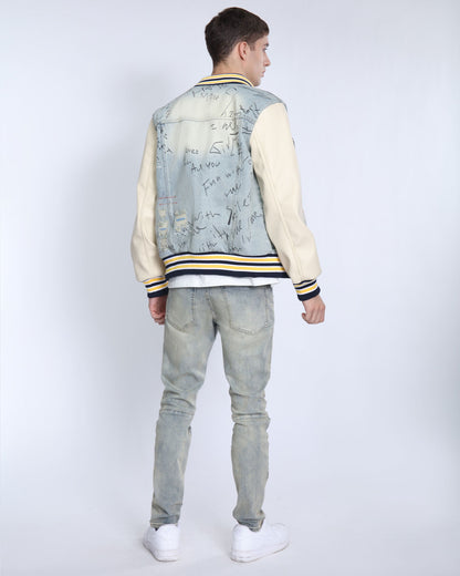 Logeqi retro baseball denim jacket featuring a unique design and letter print on the back