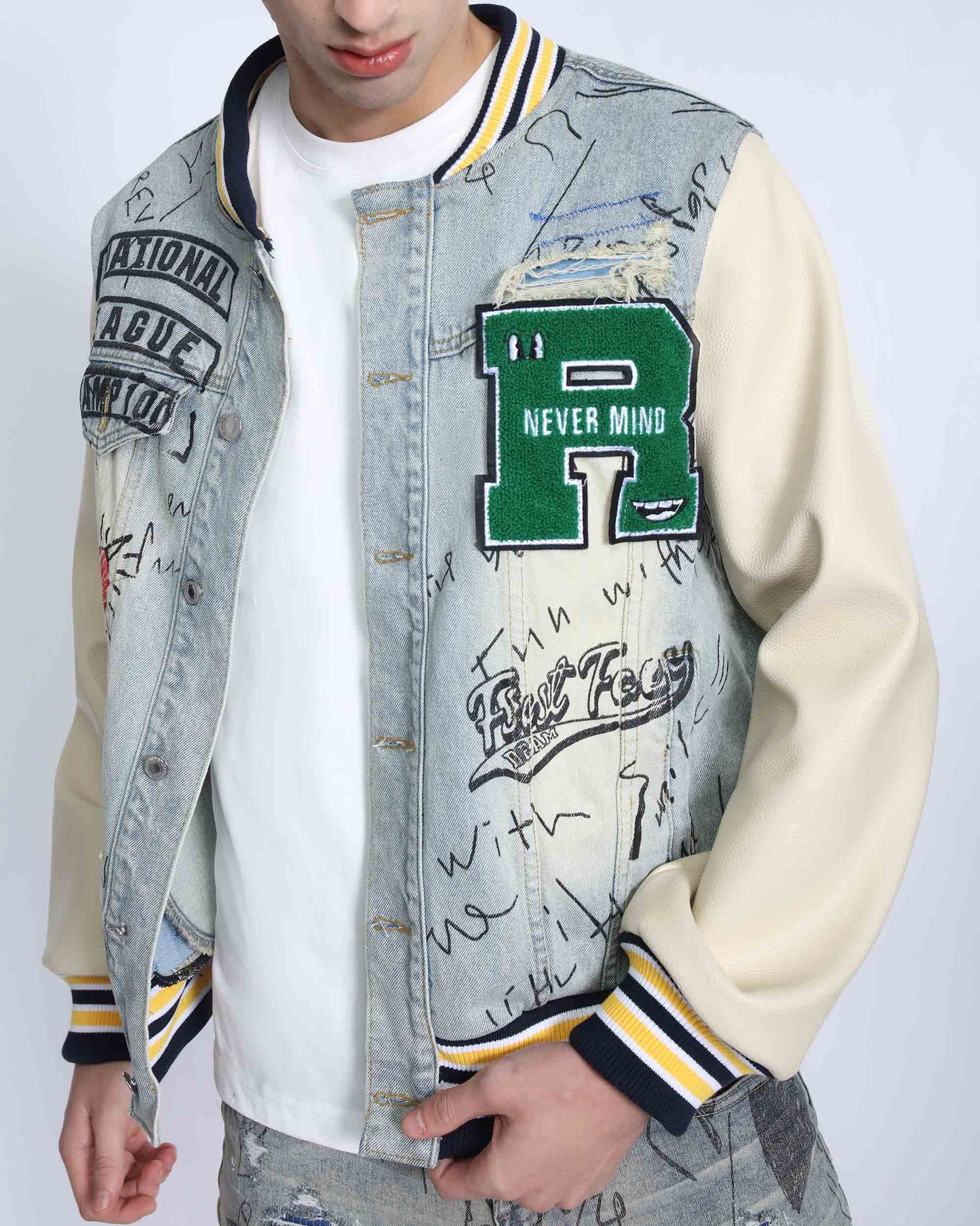 Logeqi retro baseball denim jacket with colorful patches and unique distressed design