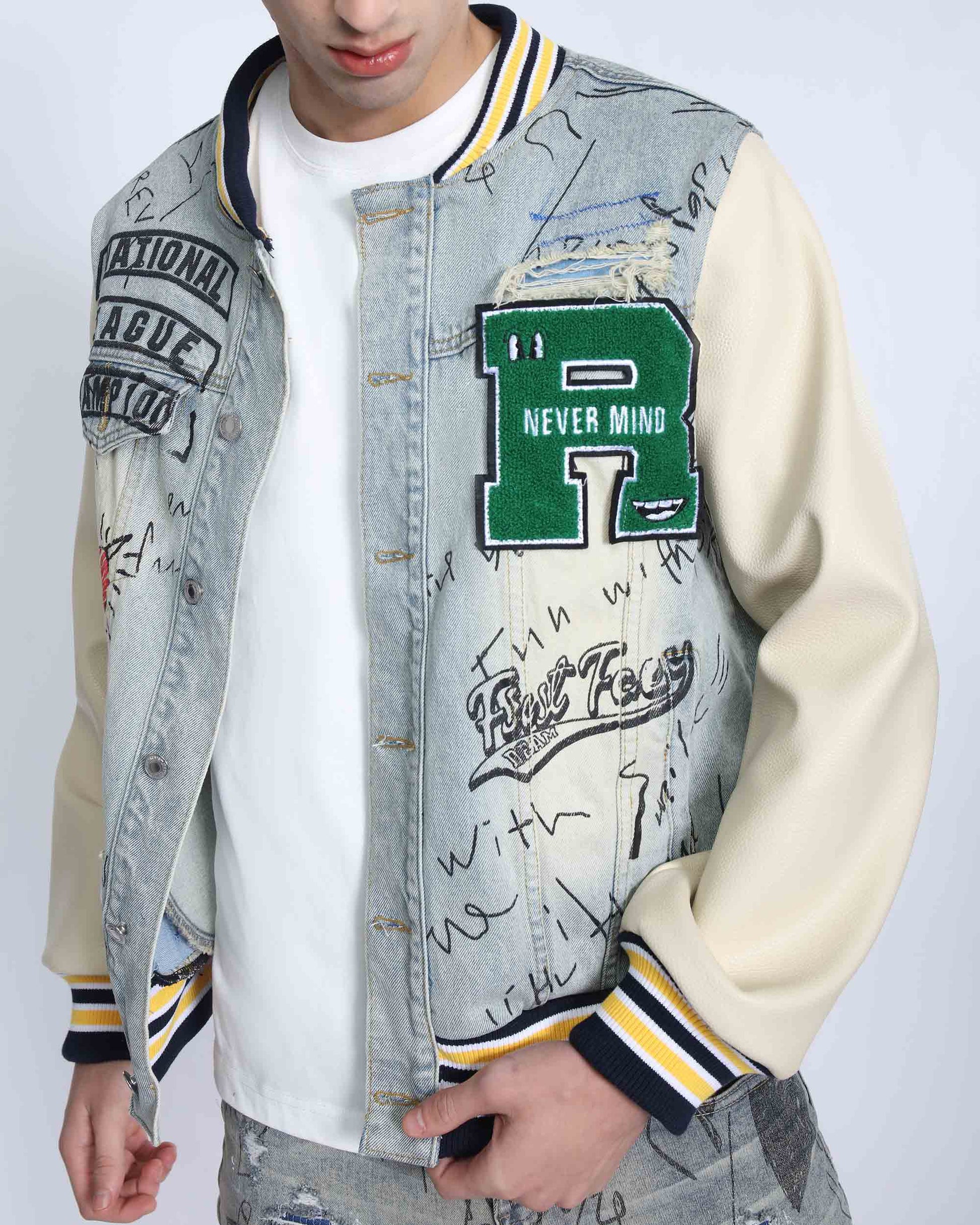 Logeqi retro baseball denim jacket with colorful patches and unique distressed design