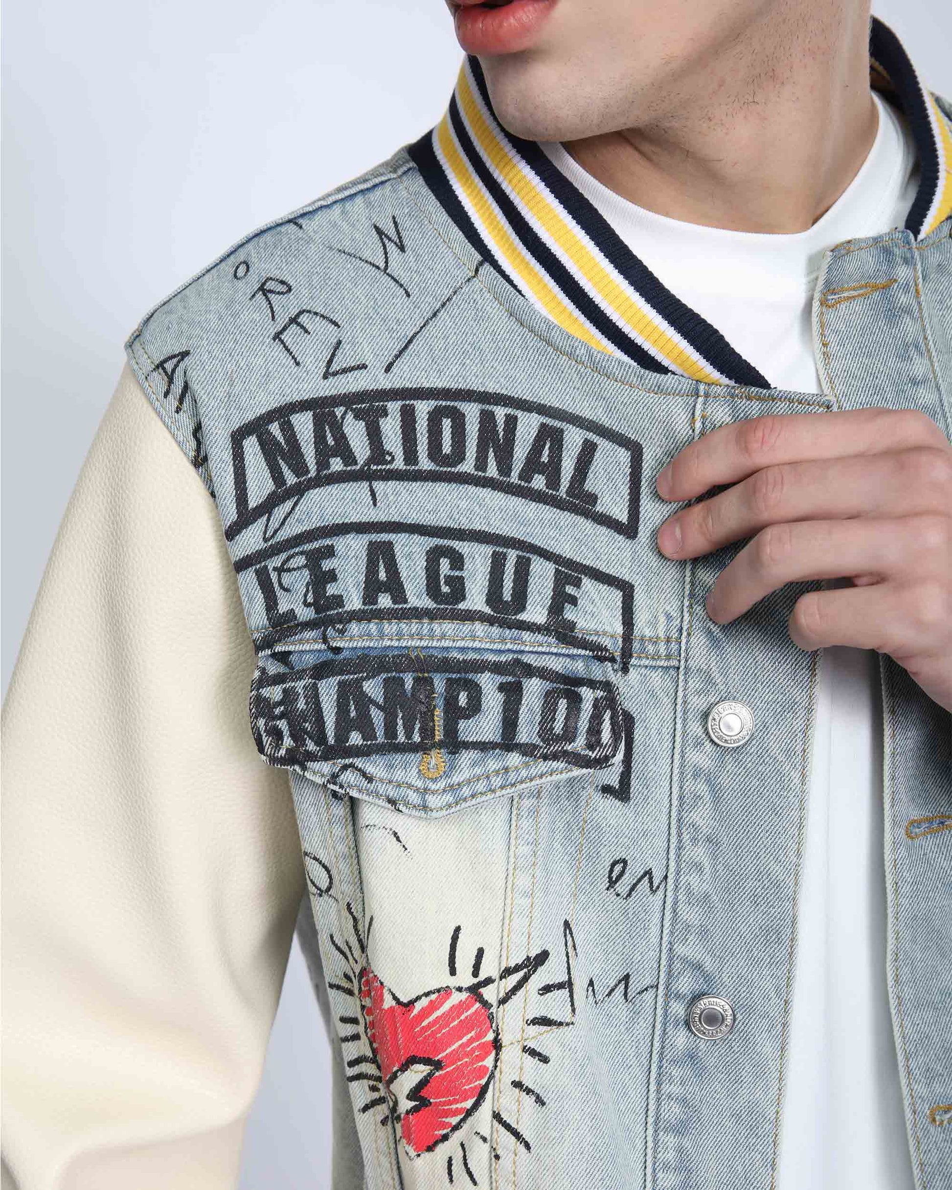 Logeqi retro baseball denim jacket with artistic designs and patches for a trendy look
