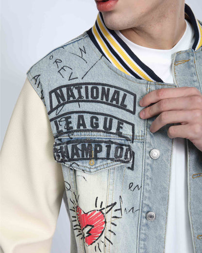 Logeqi retro baseball denim jacket with artistic designs and patches for a trendy look