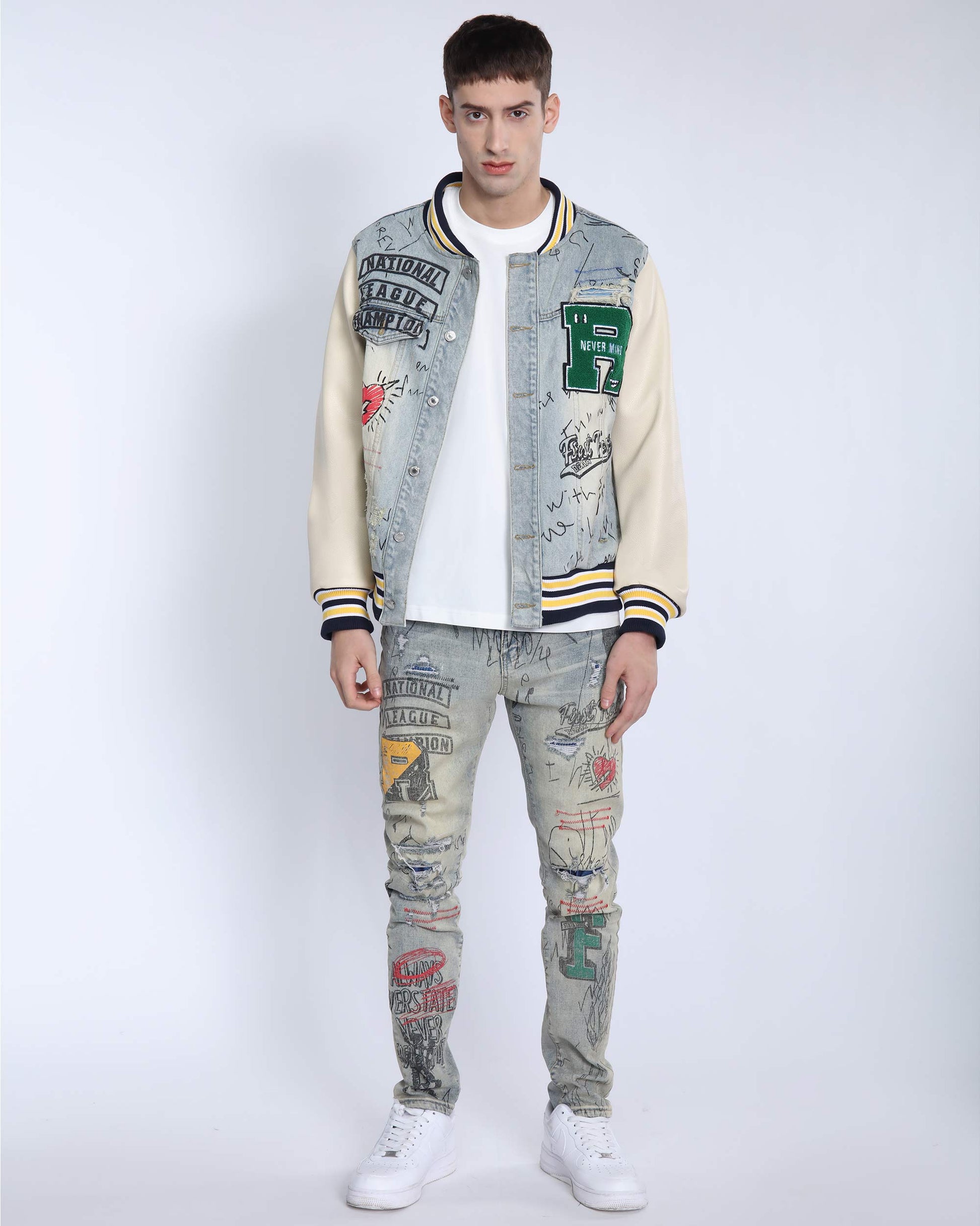 Logeqi retro baseball denim jacket with embroidered patches and contrasting sleeves for a vintage look
