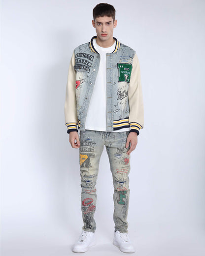 Logeqi retro baseball denim jacket with embroidered patches and contrasting sleeves for a vintage look