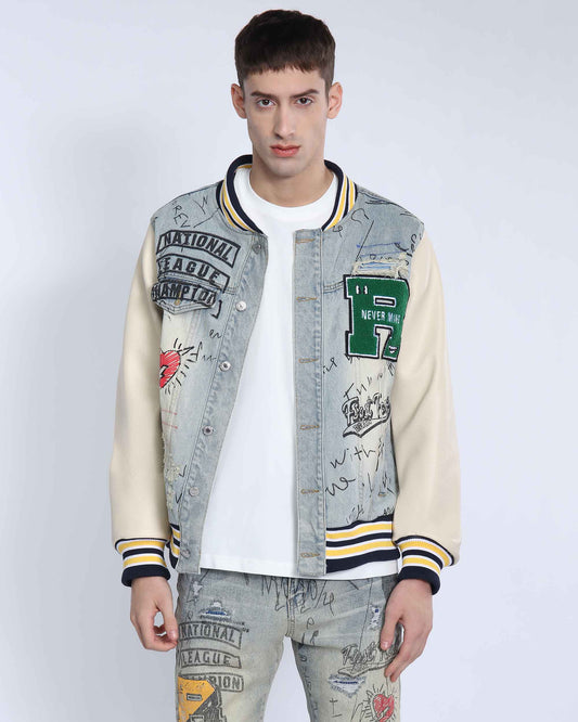 Logeqi retro baseball denim jacket with graphic patches and striped sleeves for a trendy look