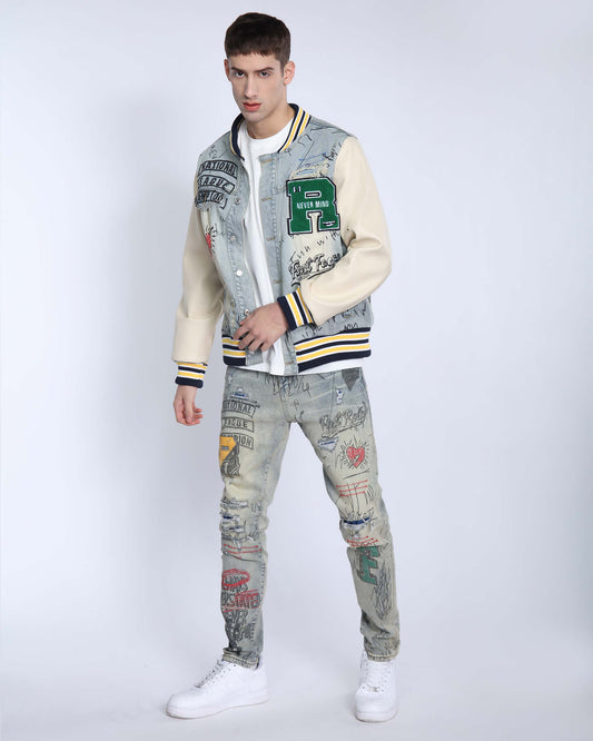 Logeqi retro baseball denim jacket in light wash with colorful patches and sporty design