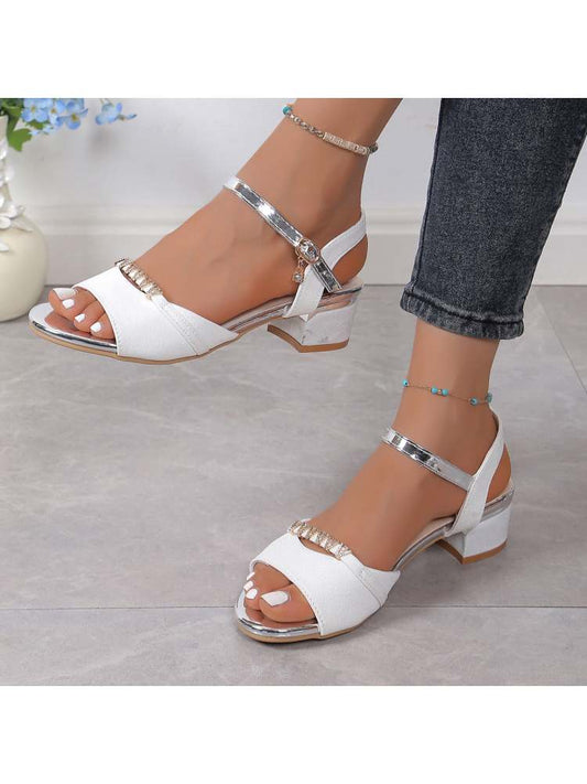 Wholesale7 white rhinestone sandals for women with low block heels and silver accents