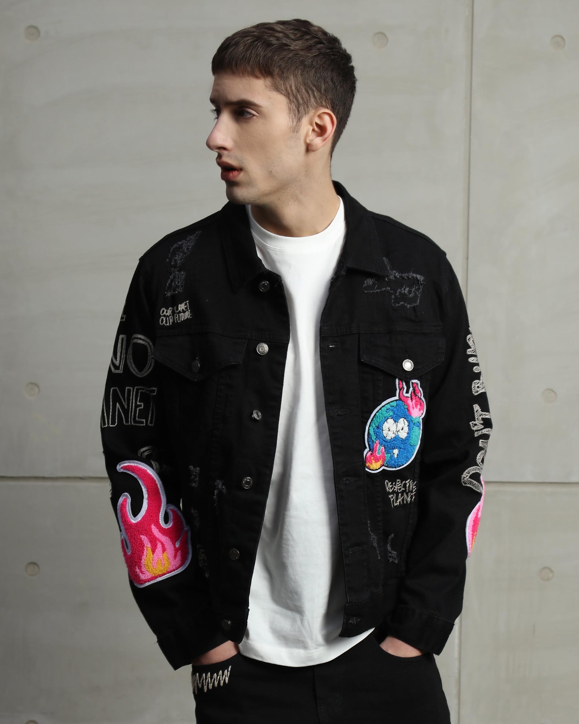 Logeqi ripped black denim jacket with colorful graphics and unique designs for a trendy look