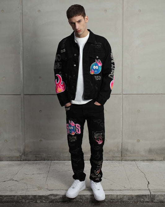 Ripped black denim jacket by Logeqi with colorful graffiti designs and stylish fit for a trendy look