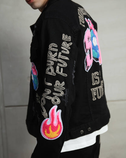 Logeqi ripped black denim jacket with colorful embroidered patches and graffiti-style text