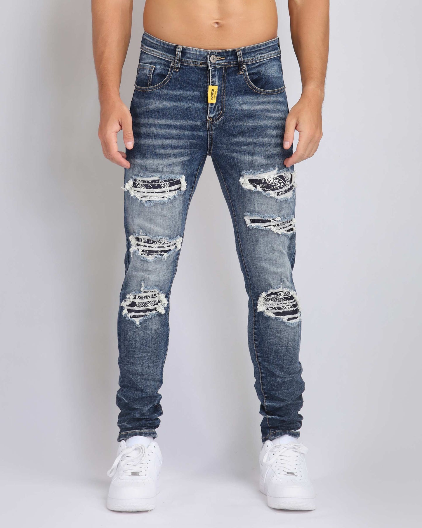 Logeqi ripped blue jeans with flower patch featuring stylish distressed design and slim fit