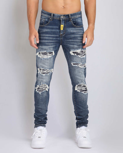 Logeqi ripped blue jeans with flower patch featuring stylish distressed design and slim fit