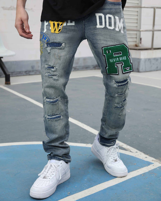 Logeqi ripped patchwork jeans with distressed detailing and colorful patches for a trendy look