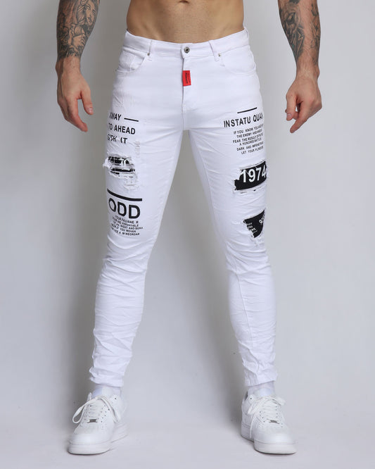 Logeqi ripped white jeans with patches featuring stylish graphics and a slim-fit design for trendy looks