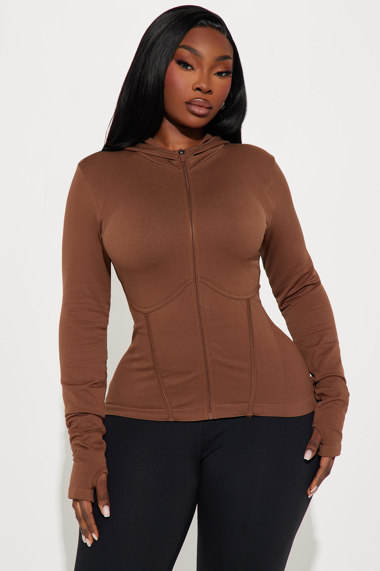 Fashion Nova seamless active jacket for women in brown with a fitted design and zip closure