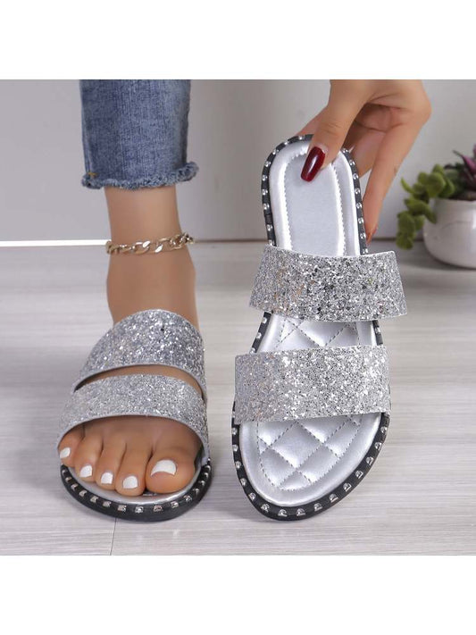 Wholesale7 silver sequin flat heel slippers with double straps and quilted footbed