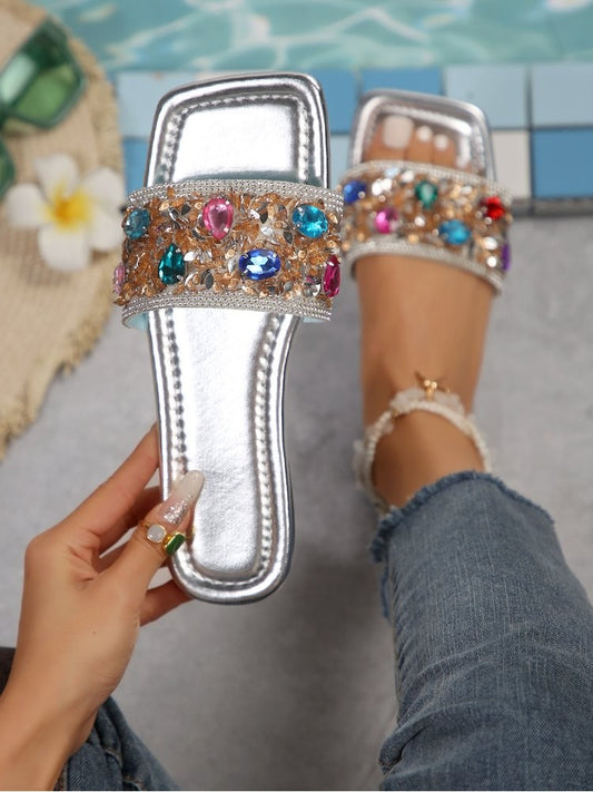 Wholesale7 rhinestone flat heel slippers with colorful jewel embellishments and silver sole