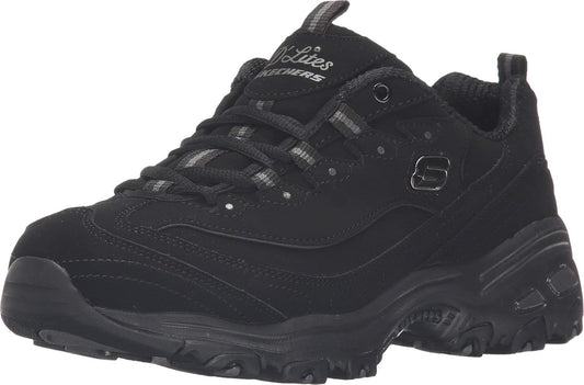 Skechers D'Lites women's black sneakers featuring a supportive cushioned sole and stylish design