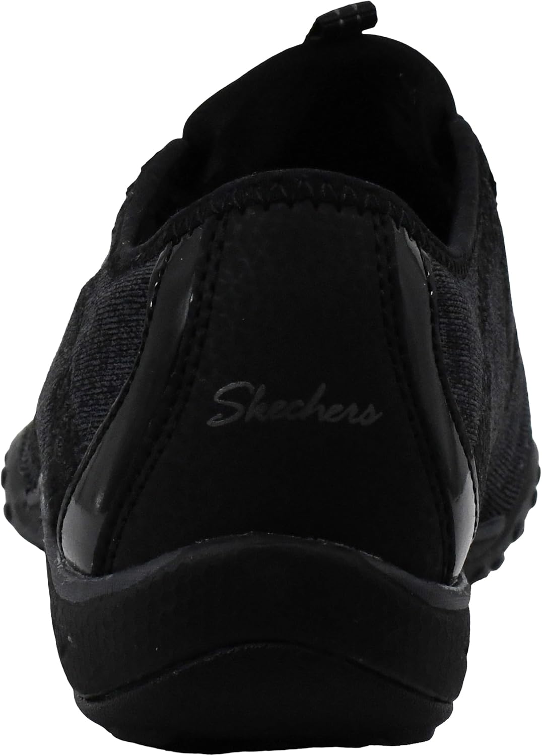 Back view of Skechers women's Breathe-Easy sneakers in black with sleek design and comfortable fit