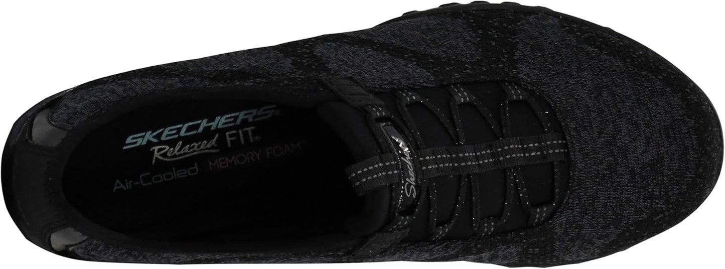 Top view of Skechers women's Breathe-Easy sneakers in black with air-cooled comfort technology