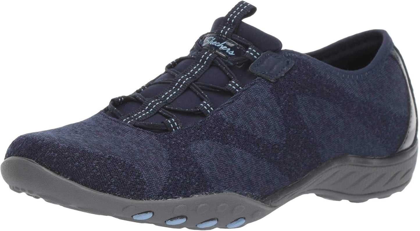 Skechers women's Breathe-Easy sneakers in navy with elastic laces for comfort and style
