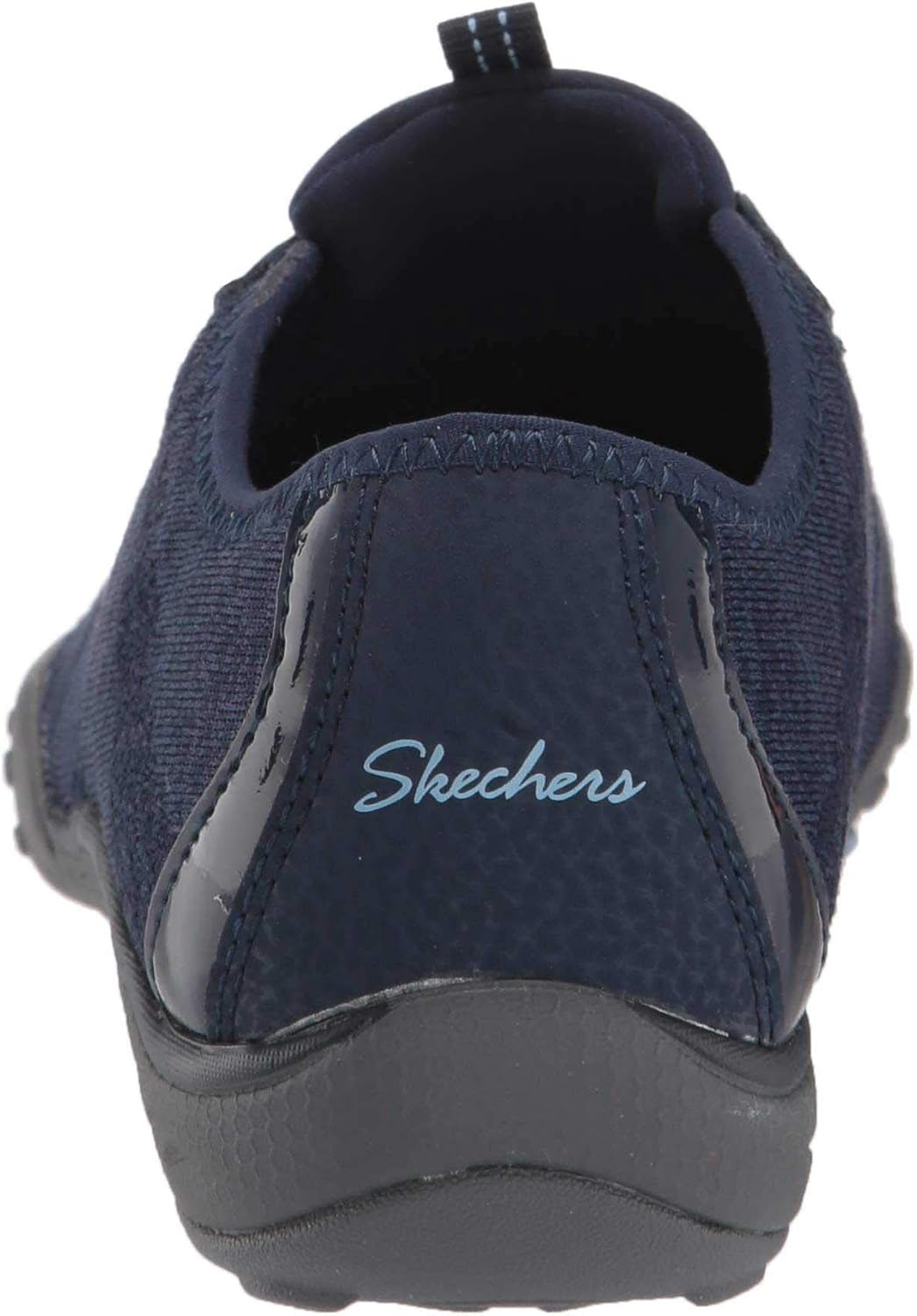 Back view of Skechers women's Breathe-Easy sneakers in navy blue with textured detailing