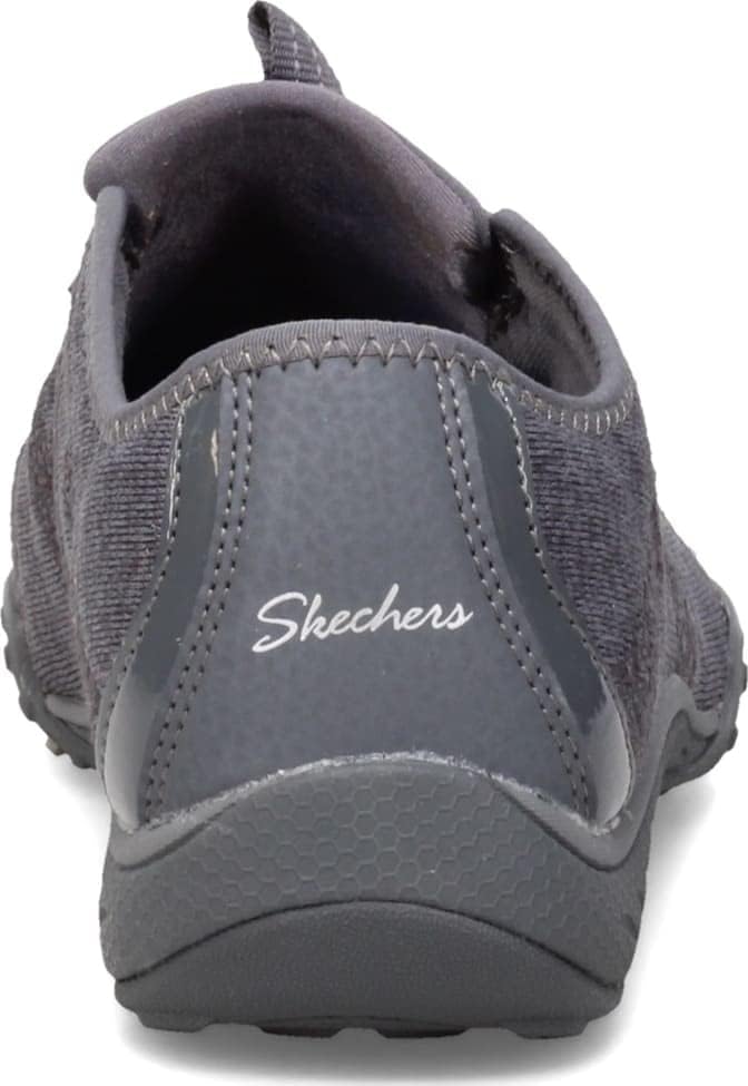 Back view of Skechers women's Breathe-Easy sneakers in gray with slip-on design and cushioned heel