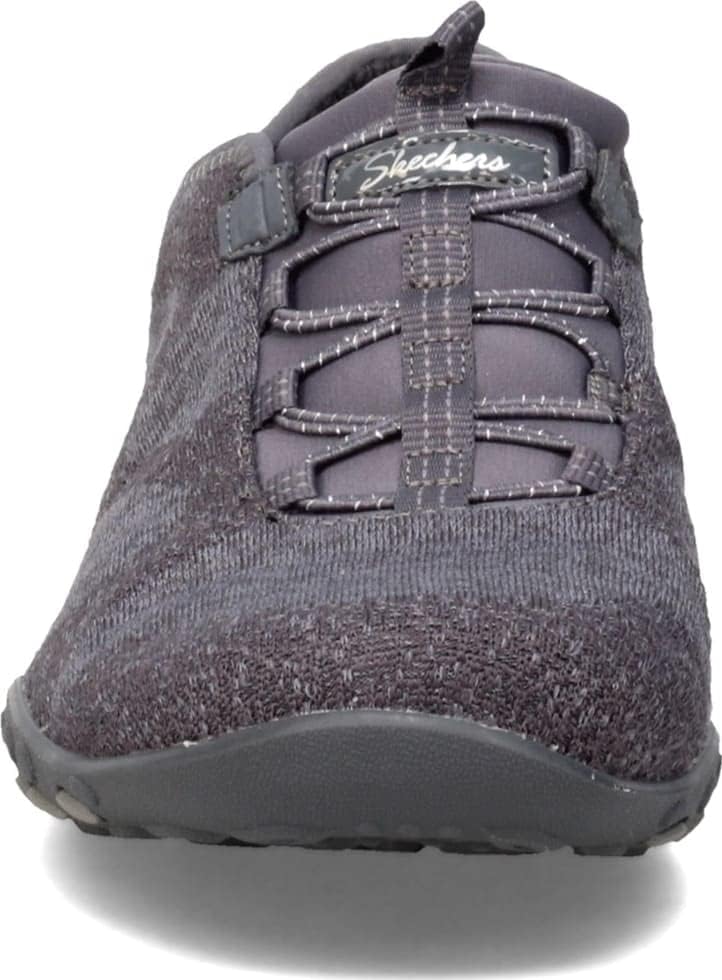 Front view of Skechers women's Breathe-Easy sneakers in gray with flexible laces and breathable fabric