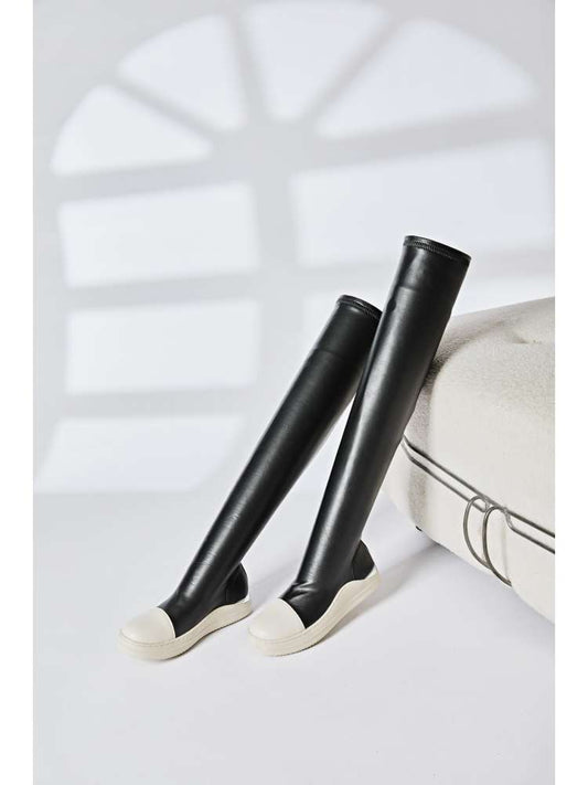 Wholesale7 solid PU patchwork boots black knee-high laarzen with white toe caps