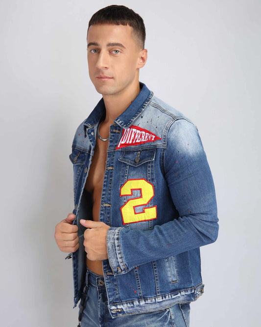 Logeqi spray paint denim jacket in blue with vibrant patches and a stylish fit for trendy outfits