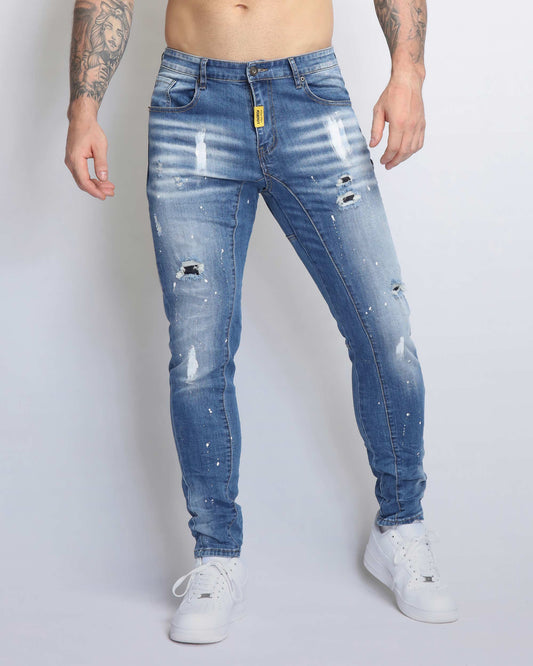 Logeqi spray paint ripped jeans with distressed details and a slim fit for a trendy look