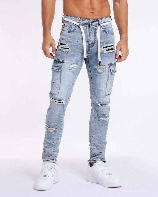 Logeqi spray paint ripped jeans in light blue with stylish distressed detailing and a modern fit