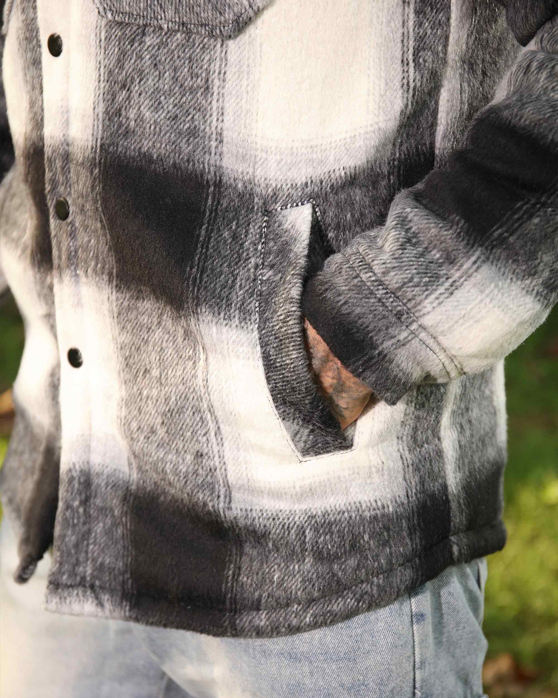 Logeqi spring plaid jacket in black and white with button closure and side pocket detail