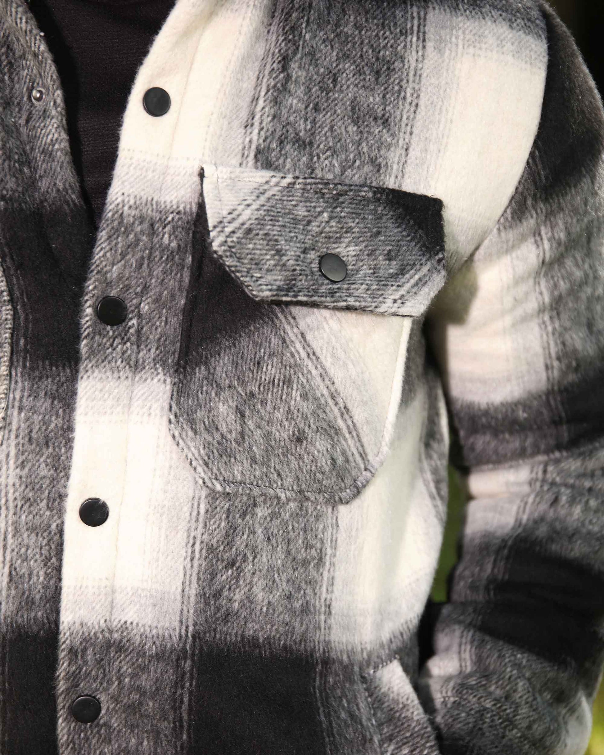 Logeqi spring plaid jacket in black and white with buttoned front pocket and snap buttons