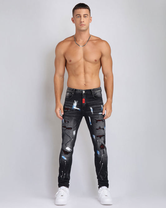 Logeqi street art jeans for men with distressed design and modern fit, perfect for a trendy urban look.