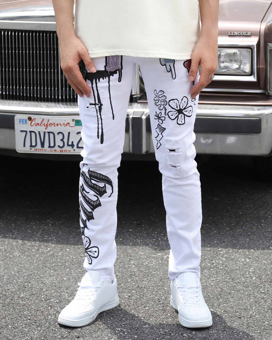 Logeqi streetwear graffiti jeans in white with artistic prints and distressed details for a trendy look