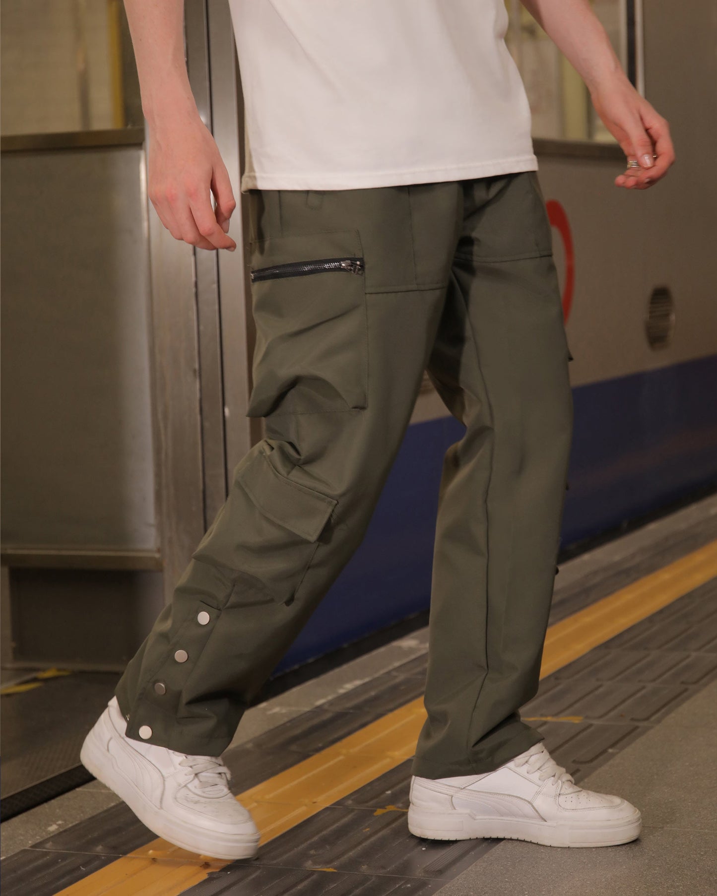 Logeqi stylish cargo pants for men in olive green with multiple pockets and button details