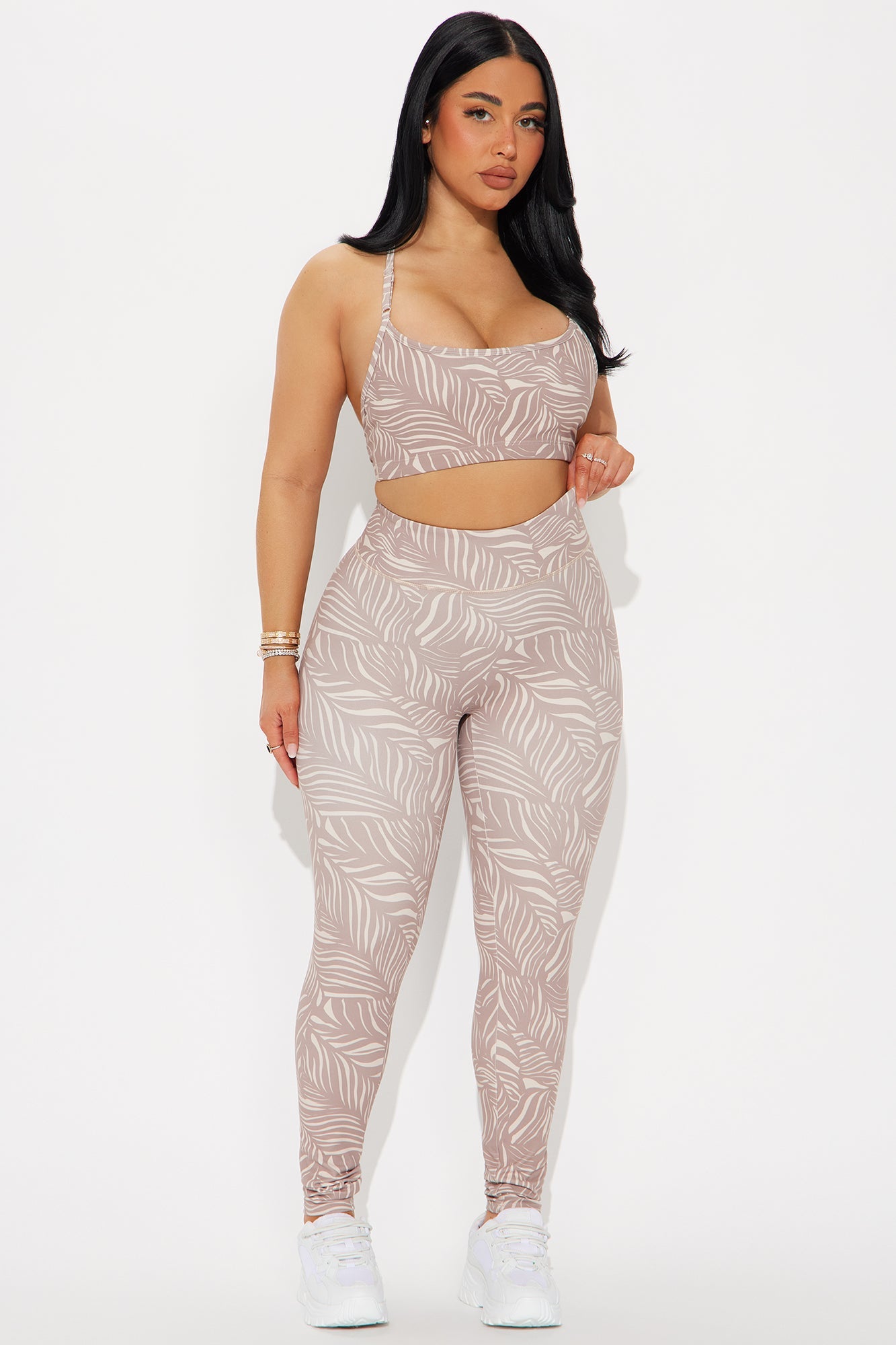 Fashion Nova Nova Sport super soft active leggings for women in a stylish beige leaf pattern