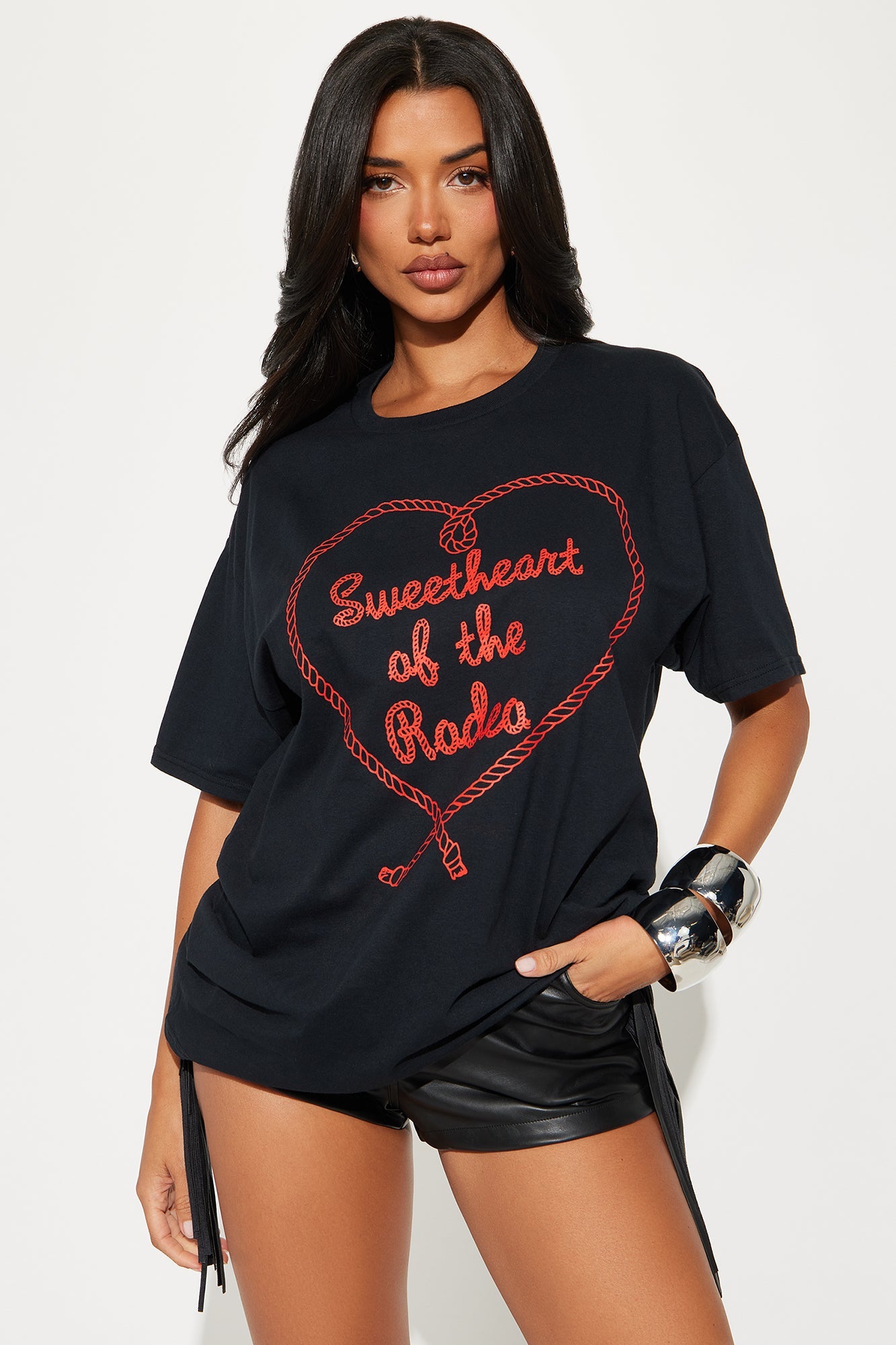 Fashion Nova Sweetheart Rodeo oversized tee in black with red graphic design for a trendy casual look