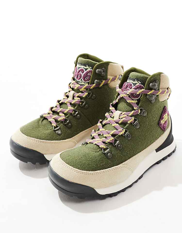 The North Face Back-To-Berkeley IV waterproof hiking boots in green with purple laces and sturdy sole