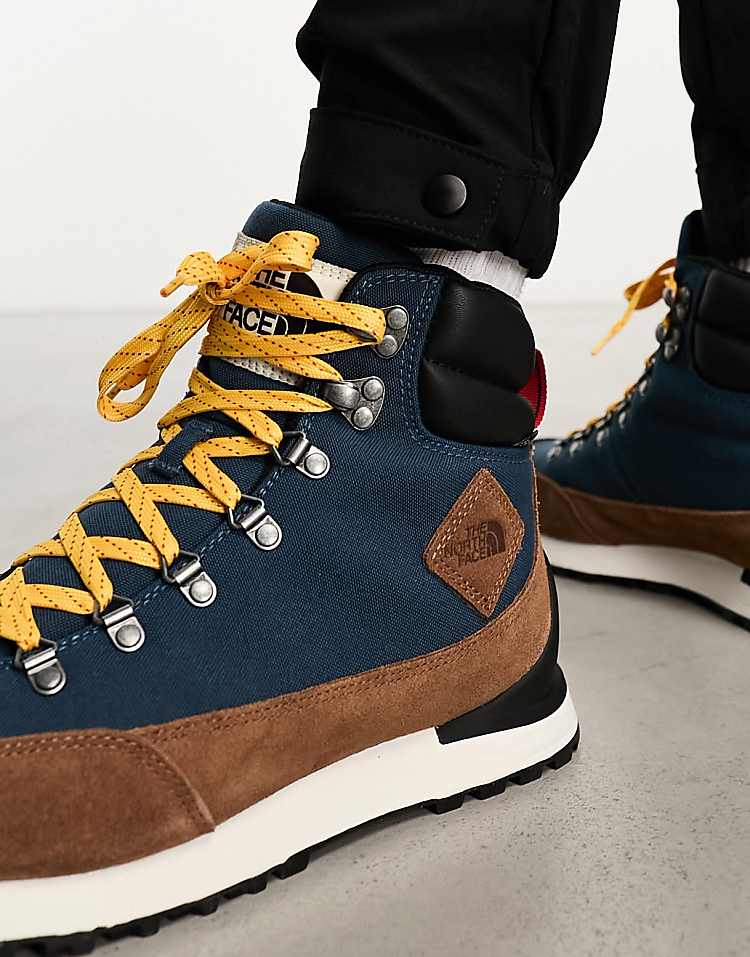 The North Face Back-To-Berkeley IV waterproof hiking boots in blue with yellow laces and brown accents