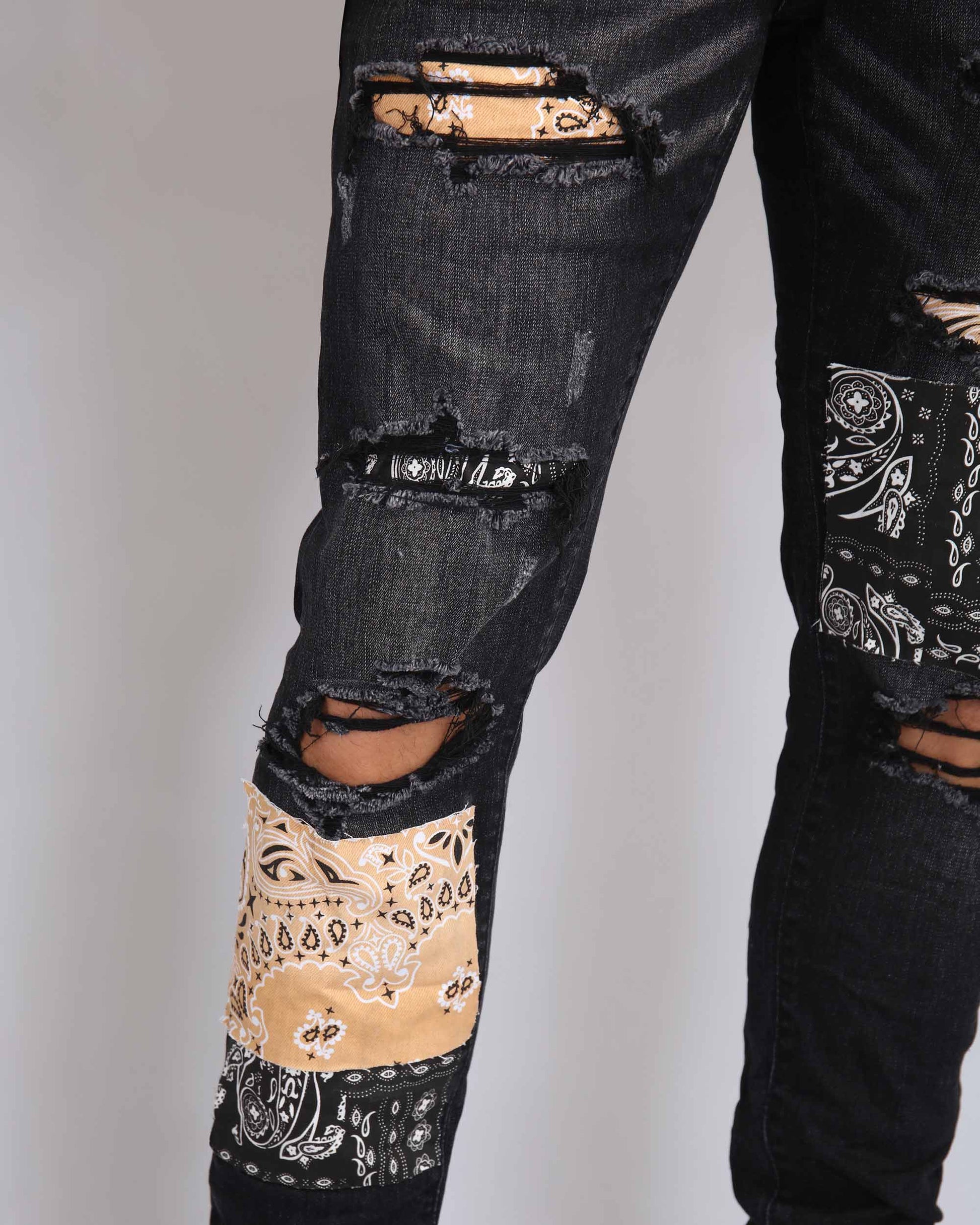 Logeqi trendy ripped black jeans with unique bandana patches and distressed design