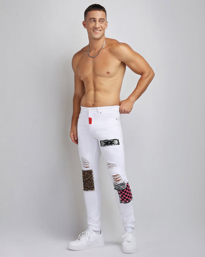 Trendy ripped white jeans by Logeqi featuring colorful patches and a stylish slim fit